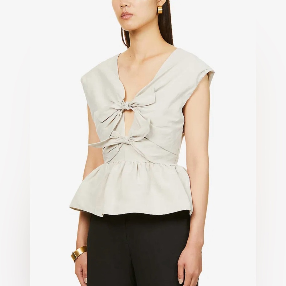 New! Miria Peplum Bow-Fastening Linen-Blend Top